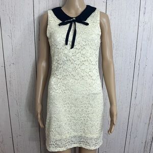 Ezra Buttercream Lace Overlay Dress w/ black Bolo Tie Collar Sz small
